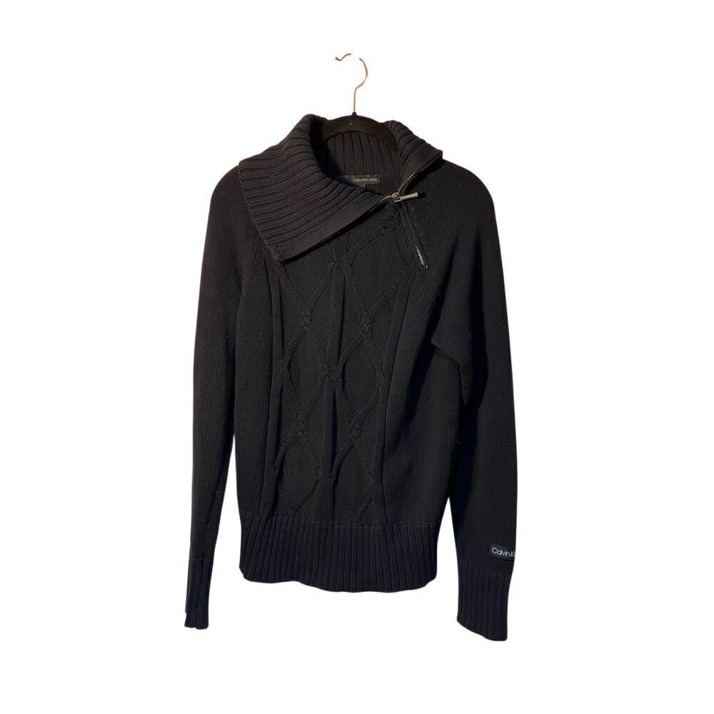 Calvin Klein women’s turtleneck, cableknit, black asymmetrical, zipper sweater S